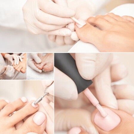 Fußpflege mit Nagellack Es sind mehrere Bilder, die einem Zeigen, was bei einer Fußpflege passiert, die anderen, wie schön die Füße aussehen, wenn die Fußpflege fertig ist mit dem Nagellack darauf.